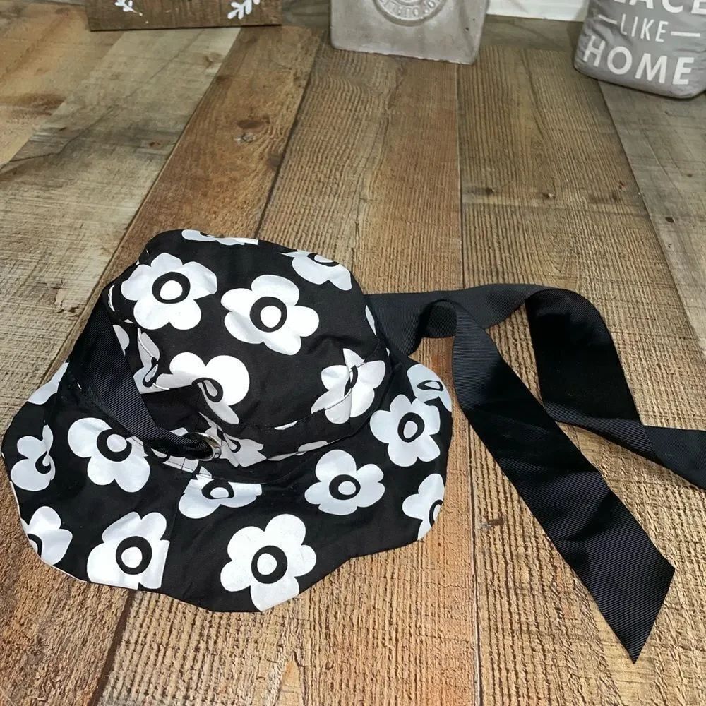 💜 Mud Pie Girls Size 0 -12 Months Black White Floral Large Black Bow Bucket hat